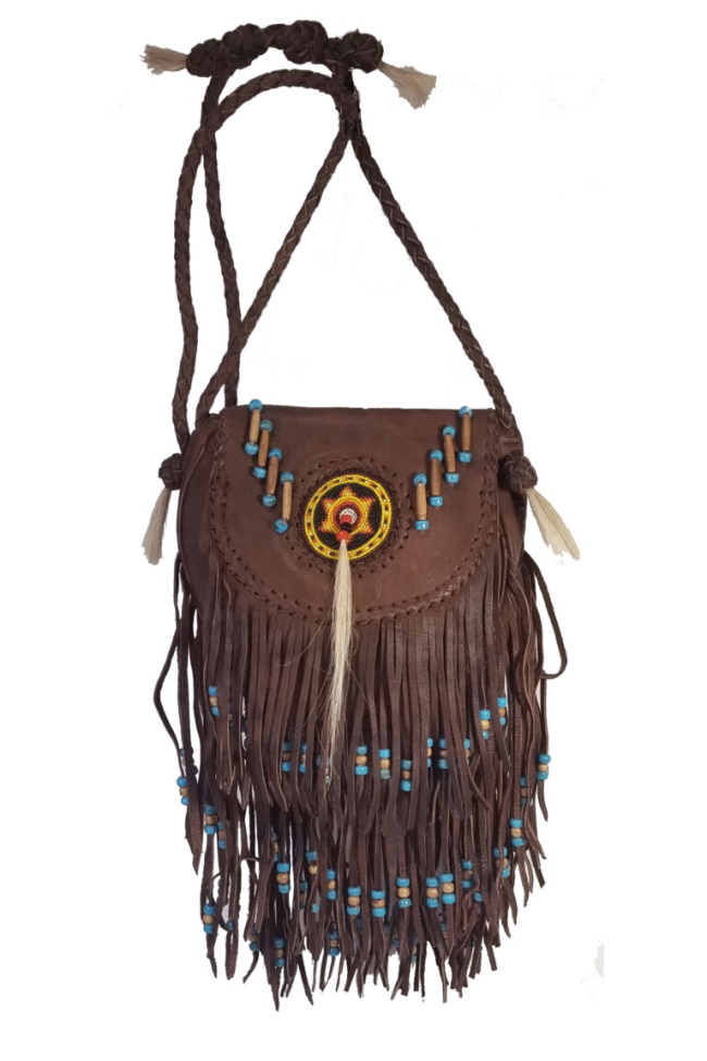 (image for) Bone Piping Glass Beaded Rossette Fringe Leather Shoulder Bag